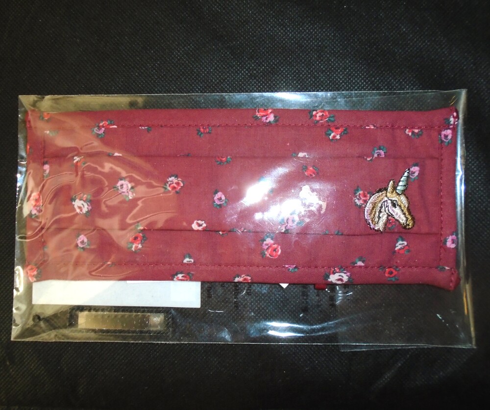 COACH BURGANDY UNICORN FACE MASK WITH VINTAGE ROSE PRINT